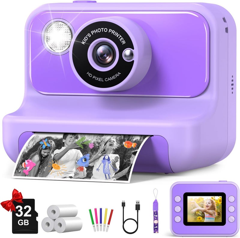 Gofunly Kids Camera Instant Print, Christmas Birthday Gifts for Girls and Boys, 1080P HD Video Digital Kids Camera with 32G Card, Toddler Camera for 3-12 Years Old, Purple - Image 1
